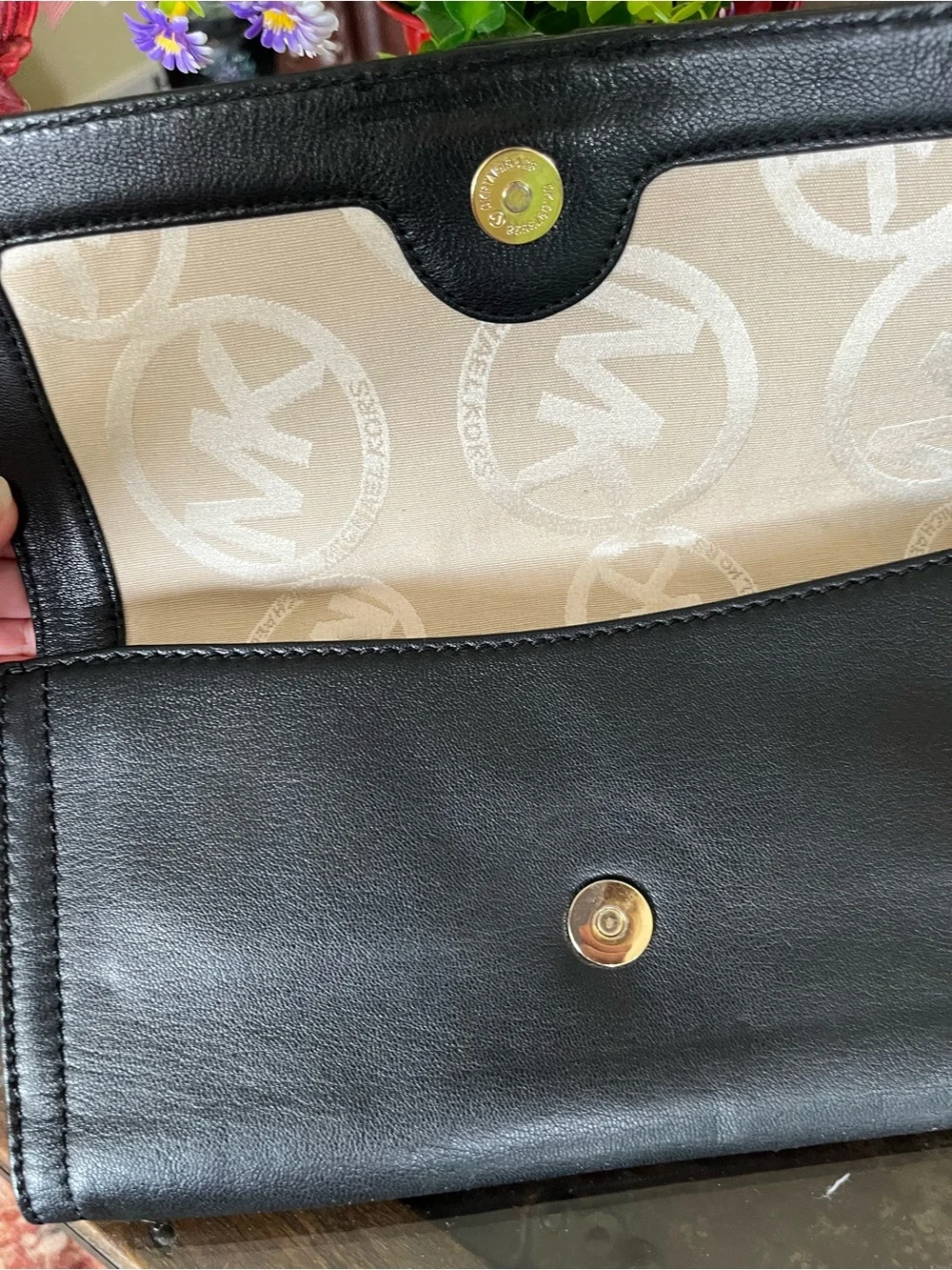Vintage Michael Kors Black Leather Buckle Continental Wallet with Gold Hardware